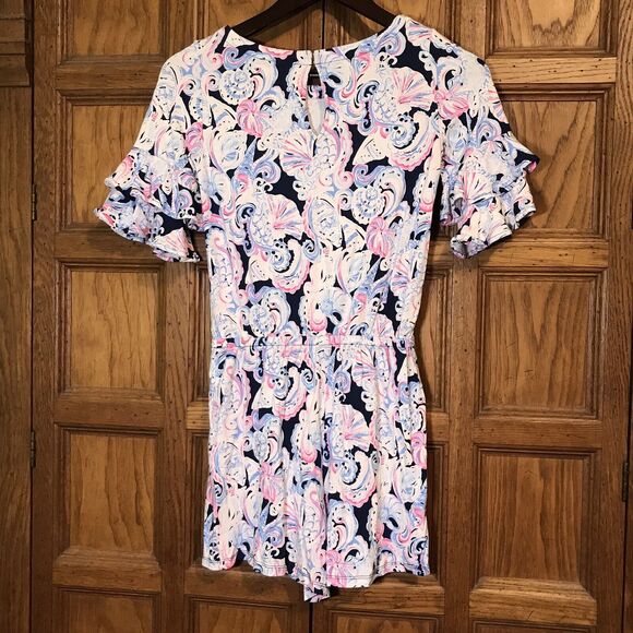 Lilly Pulitzer Lula High Tide Navy Romper Women XXS It's For Shore Ruffle Sleeve - Picture 11 of 14